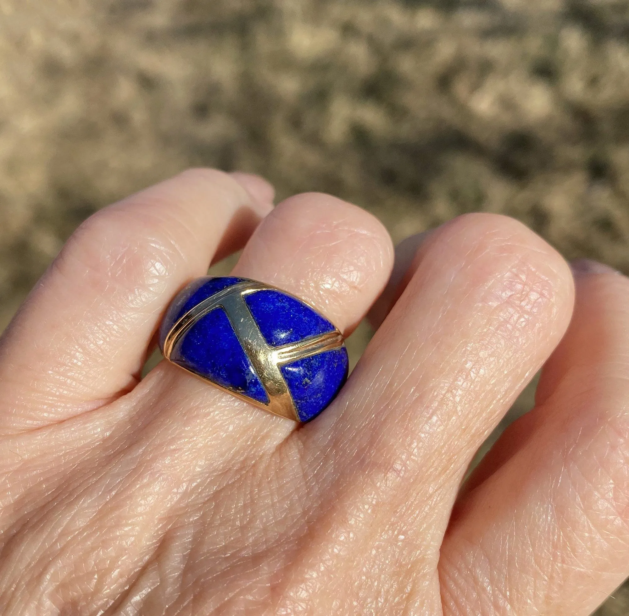 Wide 14K Gold Lapis Lazuli Band Ring, Sz 7