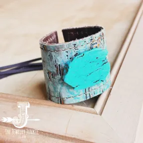 **Wide Turquoise Metallic Leather Cuff w/ Turquoise Slab 009a