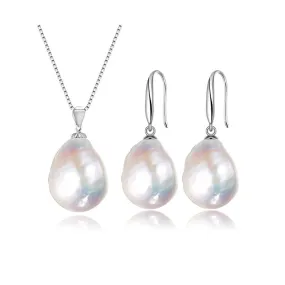 Women's Elegant Large Pearl Pendant Necklace and Earring Set