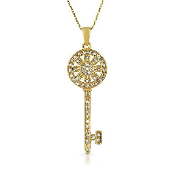 Womens Gold Sunflower Key CZ .925 Sterling Silver Pendant