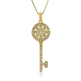 Womens Gold Sunflower Key CZ .925 Sterling Silver Pendant