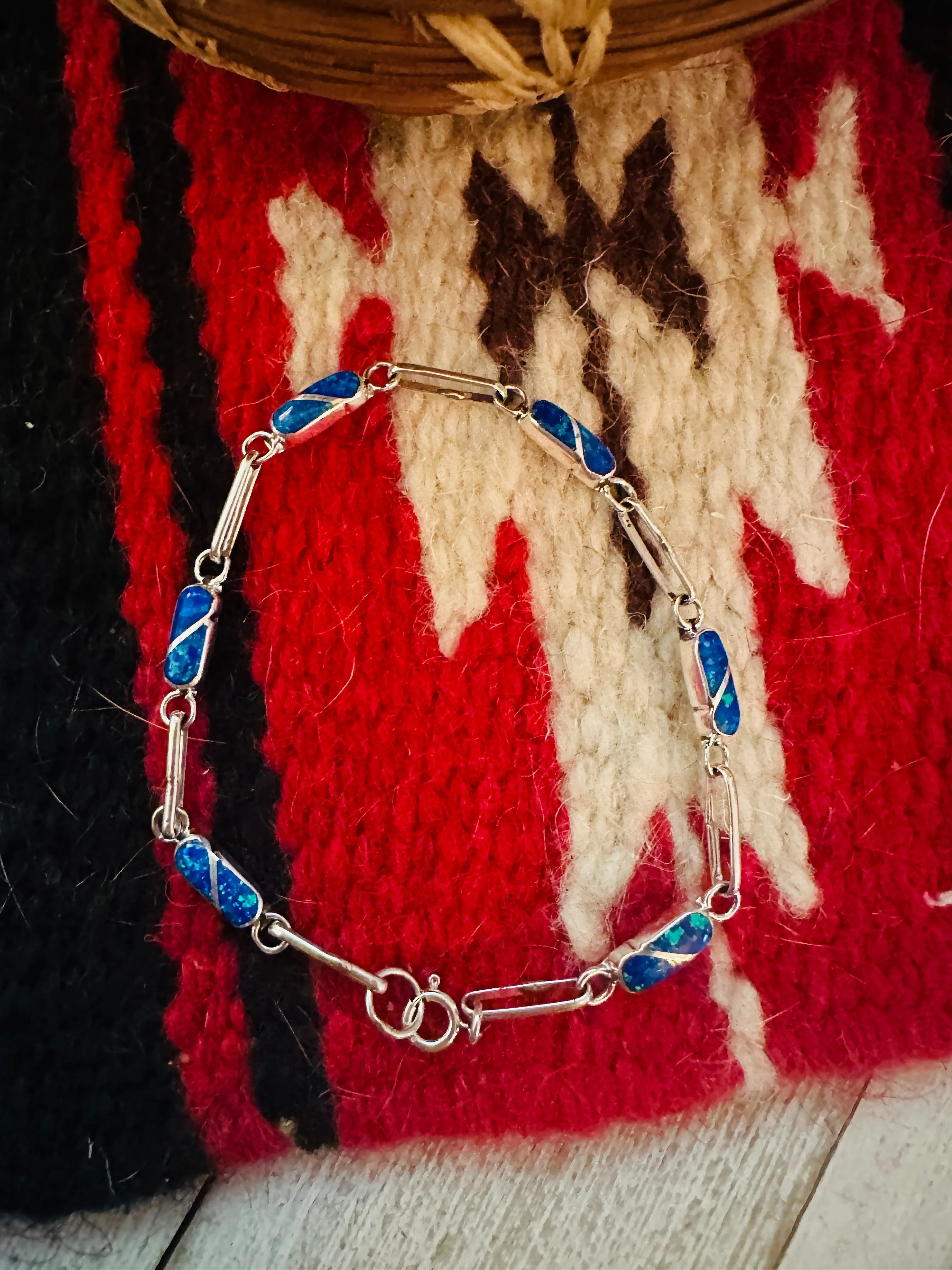 Zuni Blue Opal & Sterling Silver Inlay Link Bracelet