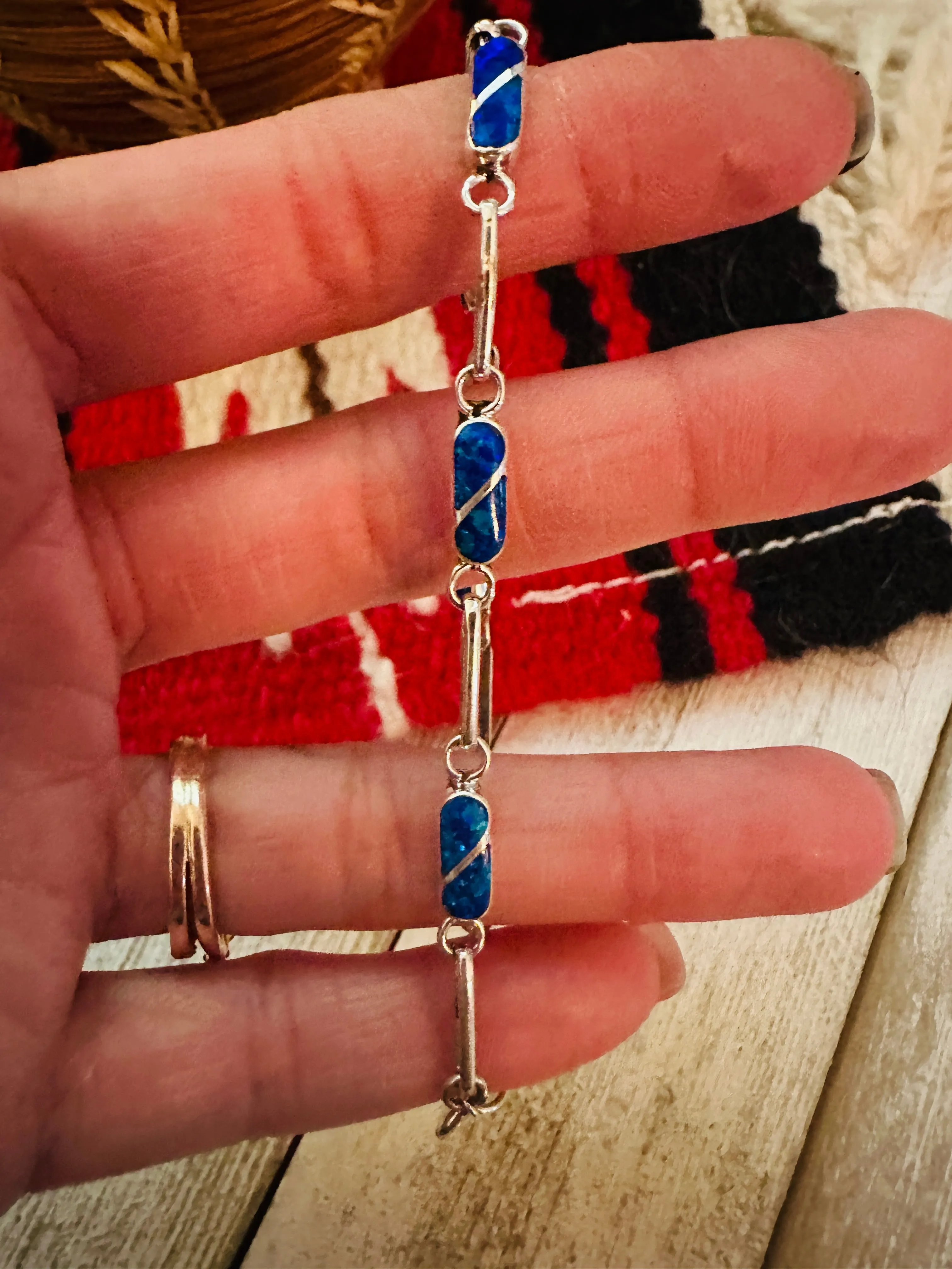 Zuni Blue Opal & Sterling Silver Inlay Link Bracelet